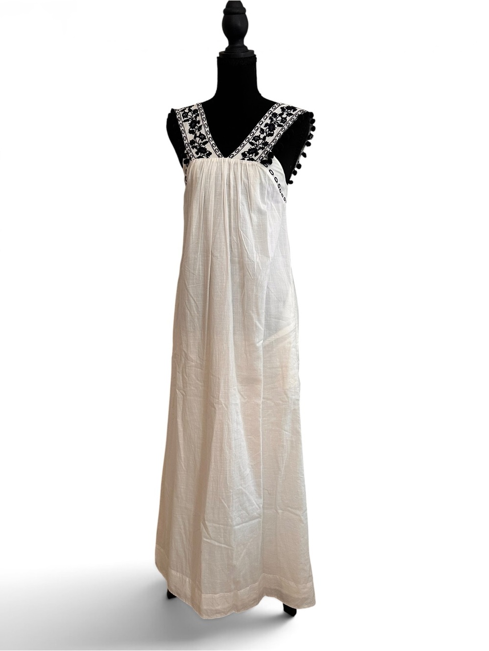 White Maxi Dress with Black Embroidered V-Neck